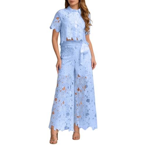 2 Piece Lace Outfits for Women Floral 2026 Shirt Neck