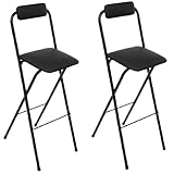 2pcs Folding Bar Stool with Backrest 30 Inch Seat Height PU Cushioned Padded Folding Counter Height Stool Portable Tall Chairs Metal Frame Barstools for Outdoor Camping Kitchen Shop Cafe (Black)