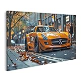 islandburner Bild auf Leinwand Orangefarbener Mercedes im Herbstlaub für Wohnzimmer Autoliebhaber Autohaus Bilder Wandbilder Poster