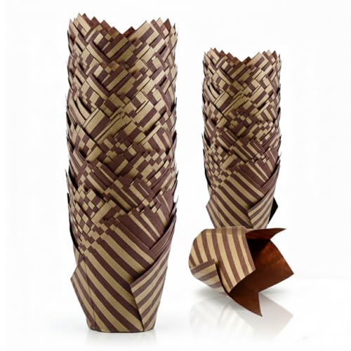 Image of 200 Pieces Tulip Cupcake Muffin Liners Greaseproof Paper Baking Cups Cupcake Wrappers for Birthday Wedding Party Baby Showers Catering Restaurants(Stripe Coffee)