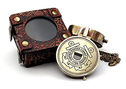 5MoonSun5's US Coast Guard Engraved Brass Military Compass Nautical Marine Gift A Perfect and Unique Gift for Army Person Survival Navigation Compass for Hiking Camping with Leather Display Case