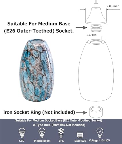 Image of GO&SO Blue Glass Lamp Shade Set of 2,7.8 inch H x 4 inch D,Oval Pendant Light Shade | 1.57 inch Fitter E26 Base,Hand-Blown Art Fixtures,Chandelier Shades for Kitchen Island,Hanging Light Shades