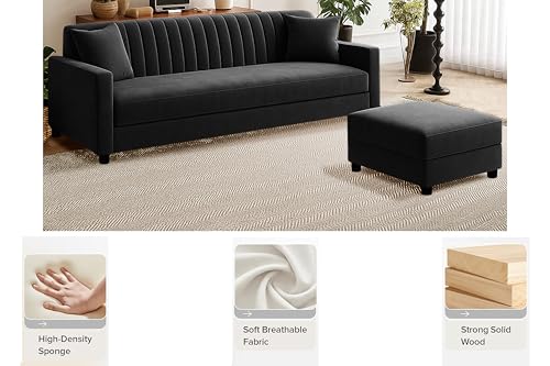 Image of Los Angeles Modern 3-Seater Wooden Sofa Set with Ottoman, Soft Velvet Upholstery, Comfortable Couch for Living Room, Office & Apartment - Black Color