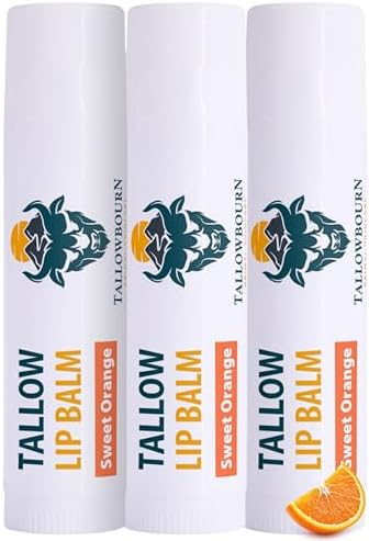 Tallowbourn Moisturizing Tallow Lip Balm – Grass-Fed Beef Tallow with Organic Coconut Oil, Beeswax, and Vitamin E – Sweet Orange – Lip Balm Set – Travel Essential – 3-Pack