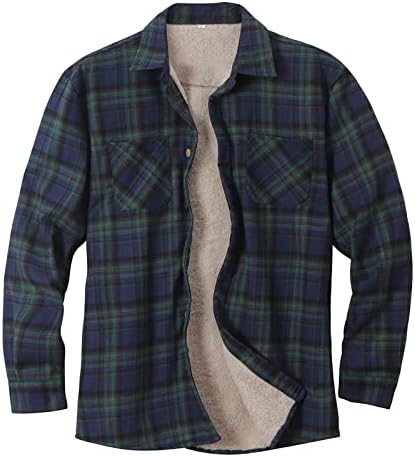 Burband Mens Long Sleeve Sherpa Fleece Flannel Shirts Button Down Berber Lined Shackets Warm Camp Shirts Plaid Jackets, Green, X-Large
