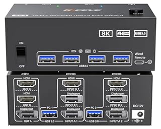 HDMI Displayport KVM Switch 3 Monitors 2 Computers 8K@60Hz/4K@144Hz, USB3.0 KVM Switches for 2 PC Sharing Triple Monitor and Keyboard Mouse with Power Adapter,Wired Extend Controller and USB3.0 Cables