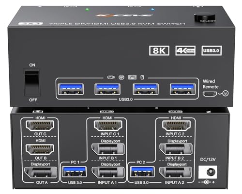 HDMI Displayport KVM Switch 3 Monitors 2 Computers 8K@60Hz/4K@144Hz, USB3.0 KVM Switches for 2 PC Sharing Triple Monitor and Keyboard Mouse with Power Adapter,Wired Extend Controller and USB3.0 Cables