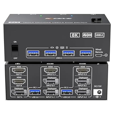 HDMI Displayport KVM Switch 3 Monitors 2 Computers 8K@60Hz/4K@144Hz, USB3.0 KVM Switches for 2 PC Sharing Triple Monitor and Keyboard Mouse with Power Adapter,Wired Extend Controller and USB3.0 Cables