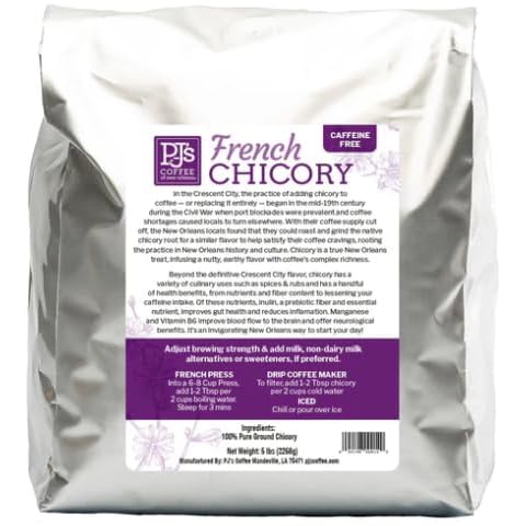PJ's French Chicory - 5 Pound Bag (Pack of 1) - Coffee Alternative, Acid Free, Caffeine Free, Dark Roast, Brew Just Like Coffee, Blend Chicory Root with Coffee, Coffee Substitute Cover