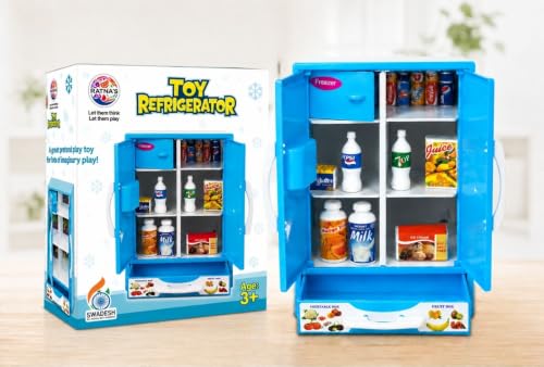 Image of Toy Refrigerator for Kids with Pretend Food Accessories, Mini Fridge Toy with Opening Doors, Freezer Compartment & Storage Drawer, Kitchen Role Play Learning Toy for Boys & Girls Age 3+ Years