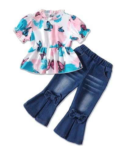 Image of SODLON Baby Girl Clothes Toddler Girl Outfits Kids Puff Sleeve Shirt Top Flare Denim Pants Jeans Clothing for Little Girls