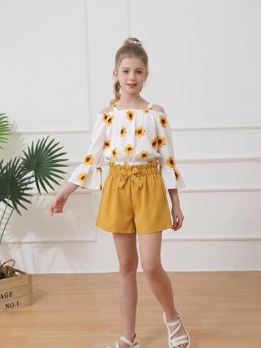 Image of Weebaby Girls Clothes 2 Piece Outfits Cute Kid Clothes Crop Top Paperbag Waist Shorts Set Summer Clothes for Tween Girls