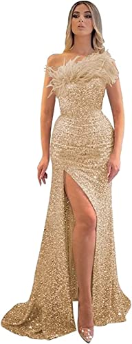 Robe de soirée longue en plumes femme, robe cérémonie champagne fendue chic pour cocktail 40