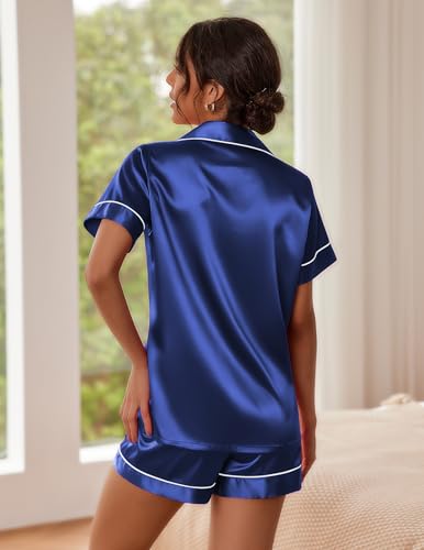 Image of Ekouaer Pajamas for Women Set Silk Satin Pjs Button Down Sleepwear Summer Loungewear Top and Shorts Lounge Set S-XXL