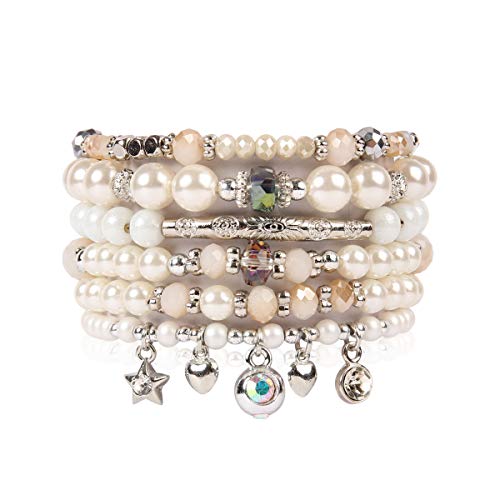 RIAH FASHION Bohemian Multi Strand Faux Pearl Bracelets - Layer Beaded Statement Stretch Lovely Crystal Charm Bangles Flower, Star, Heart (Star & Heart - Silver)