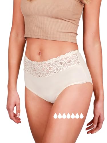 Taynie Deluxe Ultra Perioden Unterwäsche Starke Blutung - auslaufsichere&atmungsaktive Menstruationsunterwäsche - ersetzt 6-7 Tampons, Periodenslip Tragedauer bis 12Std, waschbar 60°C (36,Beige)