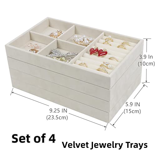 Set of 4 Stackable Jewelry Trays Organizer, Velvet Earring Organizer, Jewelry Organizer Showcase Display Drawer Organizer Storage, Earring Holder Necklace Bracelet Ring Accessary Organizers (Beige) by Fordonral - Image 3