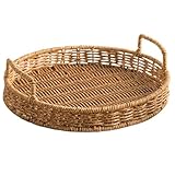 Round Rattan Tray, STOBAZA Natural Round Wicker Tray with Handles, Hand Woven Basket for Storage & Decoration, Decorative Rattan Serving for Breakfast, Tea, Snack, Fruit, Coffee