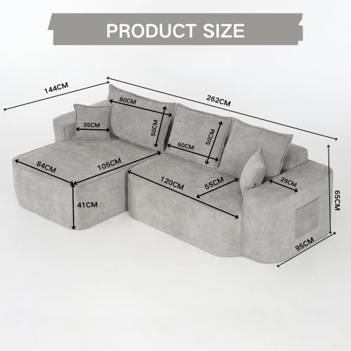 Canapé d'angle en forme de L avec méridienne - Sans montage - Assise basse XXL - Canapé modulaire - Boneless Cloud Couch en chenille - 262 cm - Gris