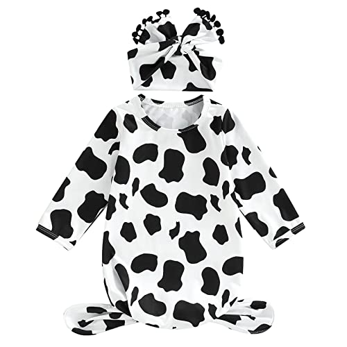Image of Mubineo Newborn Infant Baby Girl Boy Floral Print Cotton Sleeper Gown with Headband Outfits (X-c Black, 0-3 Months)