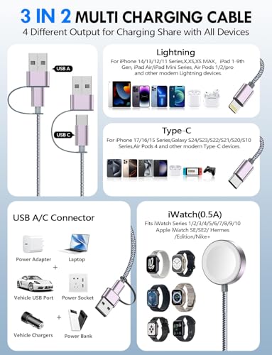 Image of 2Pack Multi Charging Cable Cord for Travel Essentials,Apple Watch Charger,iPhone Charger,[3-in-2] Type C /Lightning Cable Portable Designed for iWatch,iPhone 17-8,Galaxy S26-21,AirPods,iPad-1.8M Gray