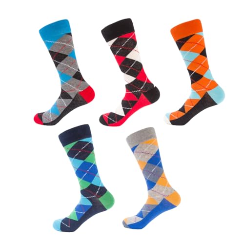 Plaid Multi Color Crew Socks for Men Casual 100% Cotton Assorted Color Footwear Breathable Stretchable - Set of 5