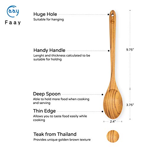 Faay 13.5" Teak Cooking Spoon, Wooden Spoon, Mixing Spoon Handcraft From Teak | Healthy And High Moist Resistance For Non Stick Cookware #TOP2