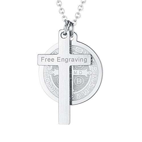 FaithHeart Personalizado San Benito de Nursia Medallones Redondos con Cruz Colgante de Acero Inoxidable para Mujer y Hombre Chapado en Oro Dorado/Plateado/Negro