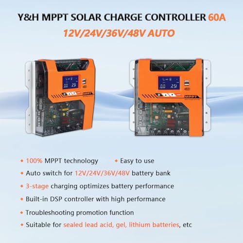 Y&H MPPT 60A Solar Ladegerät Controller 12V 24V 36V 48V Batterieladegerät Solarpanel Regler Max PV Input 150VDC Arbeit mit AGM, Gel, Flooded und Lithium