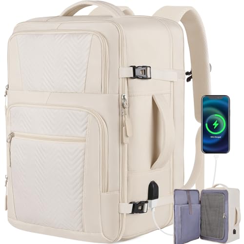 Travel Backpack, Large Backpack for Women, Carry On Backpack Flight Approved, 40-50L Expandable Lightweight Waterproof College Bag Business Casual Daypack Fits 17 Inch Laptop, Gifts for Women, Beige