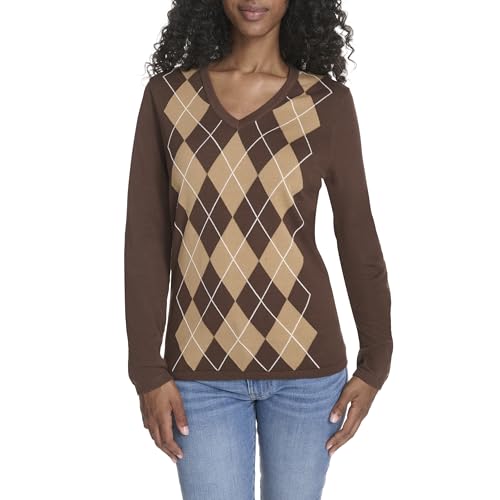 Tommy Hilfiger Women's Sportswear Argyle V-Neck Ivy Sweater, Chicory/Tigers Eye/Ivory, Small