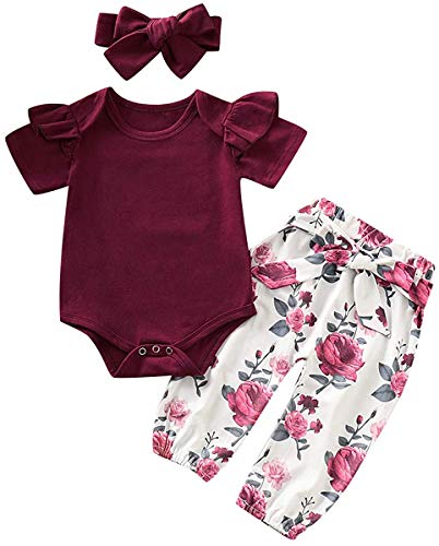 Newborn Baby Girl Clothes Ruffle Short Sleeve Romper Bodysuit +Pants + Headband 3 PCS Outfits Set