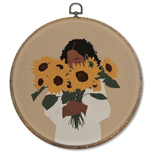 FUGWN Vintage Black Women Floral Round Wall Art Decor Framed, African American Flower Canvas Artwork Prints, Black Women Gifts Wall Hanging Decorations for Home Bedroom Living Room, 10x10 Inch