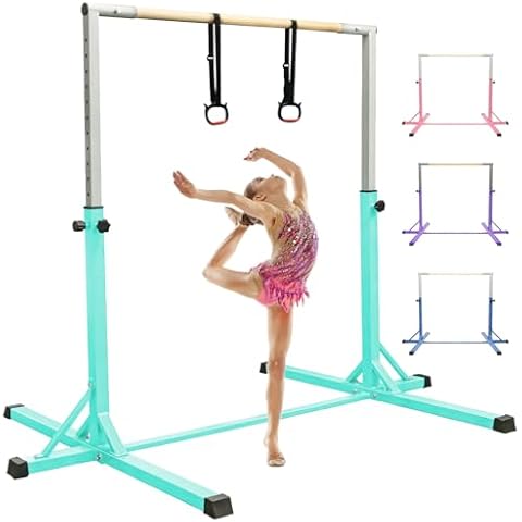 FBSPORT Gymnastics Bar for Kids with Rings, Adjustable Height Gymnastic Kip Bar Horizontal Bars, Junior Training Bar Children Folding Monkey Bars Gymnastic Equipment For Home Gymnastic Center, Green Cover