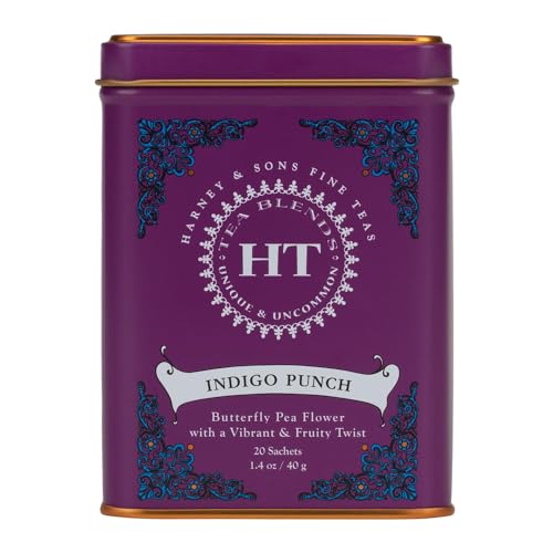 Image of Harney & Sons Indigo Punch Butterfly Pea Flower Herbal Tea, 20 Sachets | Butterfly pea flower herbal tea with raspberry, lemon, apple and honey flavors. Naturally caffeine free.