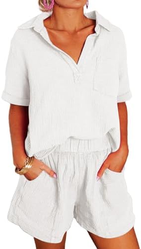 Dokotoo Women's Two Piece Outfits V Neck Short Sleeve Shirts and ...