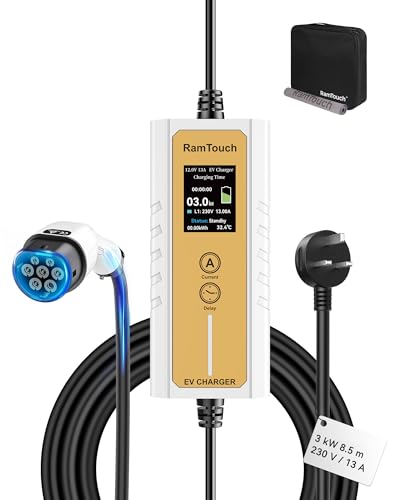RamTouch Electric Vehicle Charger (3 kW, Type 2, UK 3-Pin Plug, 8.5 m), IP65 Portable Car Charger with Adjustable Current (6A–13A) and Delayed & Timed Charging, Compatible with EVs and Hybrids
