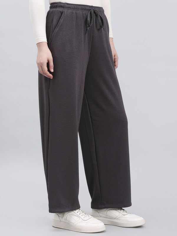 Image of GO COLORS Polycotton Fleece Wide Pants for Women | Relaxed Fit, High Rise