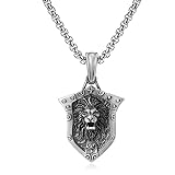 AIRUiXUAN Collar con colgante de escudo de león para hombre, collar de escudo de león rugiente vikingo nórdico, colgante de león punk, plata, 50 cm