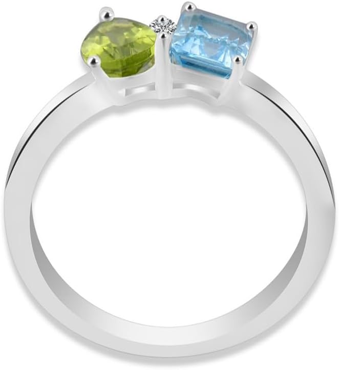 925 Sterling Silver Birthstones Peridot, Rhodolite Garnet, White-Blue Topaz, Black Spinel Oval-Octagon & Round Cut 7x5mm & 2mm Gemstones Toi Et Moi Ring Jewelry For Women