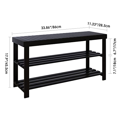 SMIBUY Bamboo Shoe Rack Bench, 3-Tier Shoe Organizer Storage Shelf for Entryway Hallway Bathroom Living Room (Black)
