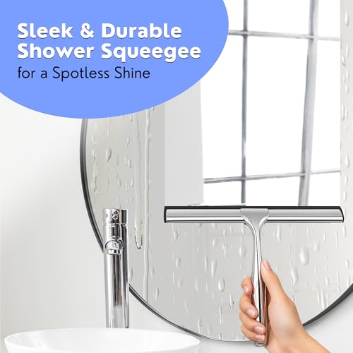 Image of All-Purpose Shower Squeegee for Shower Doors, Bathroom, Windows, Mirrors, Tiles, and Car Glass - 11 Inches Stainless Steel with Hook (Silver)
