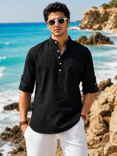 Image of Majestic Man Men's Pure Cotton Solid Mandarin Collar Slim Fit Roll-Up Sleeves Short Kurta Lightweight Summer Kurta for Daily & Occasion Use