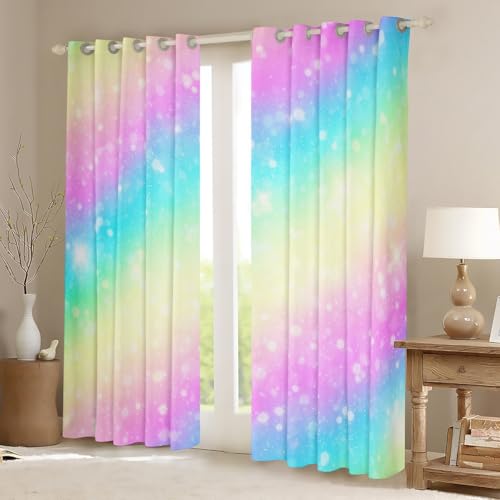 Homemissing Rainbow 30%-50% Blackout Curtains Tie Dye Pastel Window Curtains Stars Glitter Darkening Drapes for Bedroom for Kids Colorful Stripes Bedspread C Room Decor (2 Panels,W46*L54) - Image 2