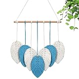Weldomcor Tapiz de Macramé Para Colgar en La Pared DiseñO de Plumas Bohemio Hecho a Mano Borlas de Hojas Tejidas DecoracióN de Macramé DecoracióN de Dormitorio Sala de Estar Apartamento, Azul
