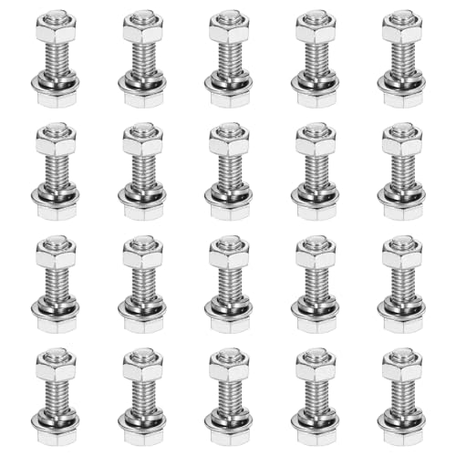 Image of sourcing map M5 x 16mm 304 Stainless Steel Hex Head Screws Bolts, Nuts, Flat & Lock Washers Assortment Kit, Fully Threaded, Bright Finish for Home, Electronic, Machine, 20 Sets