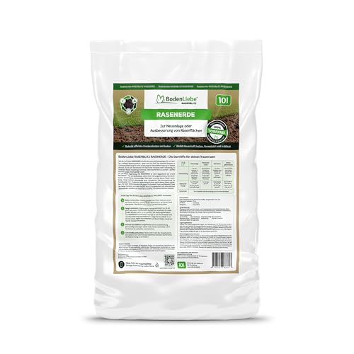 BodenLiebe RASENERDE - Dichter Traumrasen - Rasenerde torffrei für Neuansaat & Reparatur, dauerhaft locker & formstabil, ebnet den Boden, auch für Rollrasen, regional, 10 L