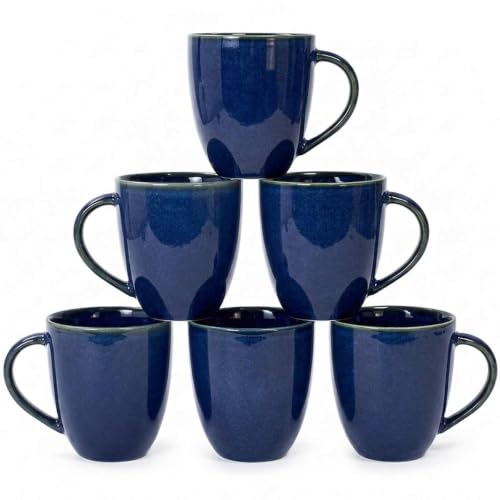 Image of Cobalt Blue Ceramic Coffee Mug Set of 6, 12 oz Reactive Glaze Porcelain Tea Cups with Large Handle for Home Kitchen, 6-Piece Deep Ocean Blue Artisan Cocoa Mugs for Latte, Cappuccino, Holiday Gift Set
