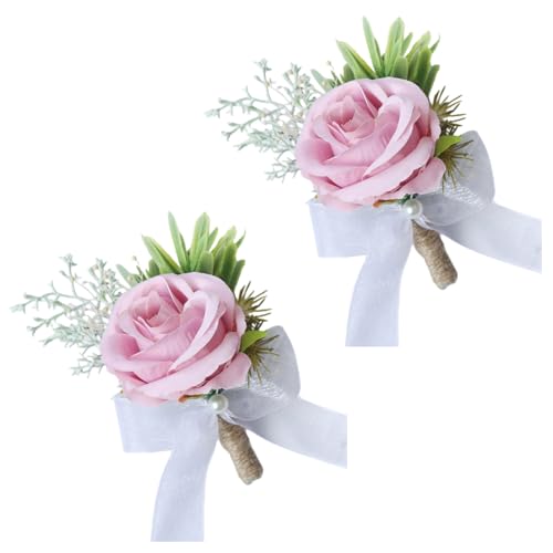 Pink Rose Wrist Corsage and Boutonniere Set Wedding Bridal Wrist Flower Corsages with Pearl Wristlet Band Bracelet Pin for Bride