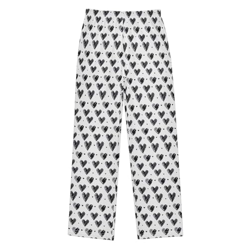 Black White Hearts Long Pajama Pants Elastic Waist PJ Bottoms with Pockets S A1133942
